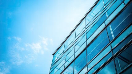 Modern Glass Building with Clear Blue Sky and Reflections