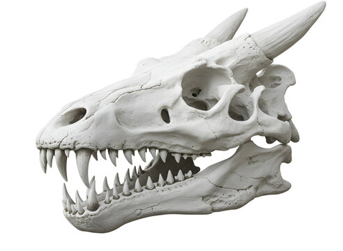 White dragon skull replica isolated on transparent background
