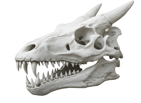 White dragon skull replica isolated on transparent background
