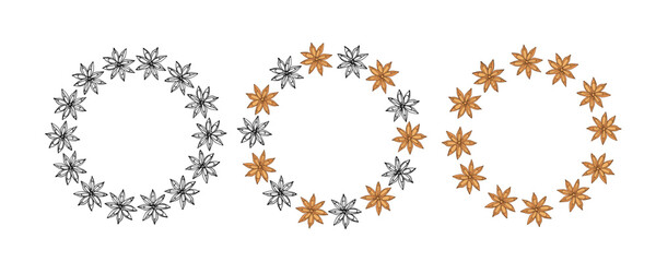 Freehand Round Anise Spice Frame set, Wreaths. Doodle Anise Star vector illustrations. Seasoning for food and drinks. Organic product sketch for packaging, sale, shop sign. Flavor cooking ingredient.