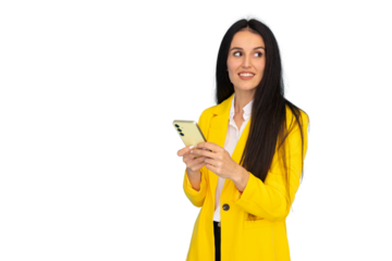 Cheerful manager holding a smartphone and looking away, exuding professionalism and confidence, set against a transparent background