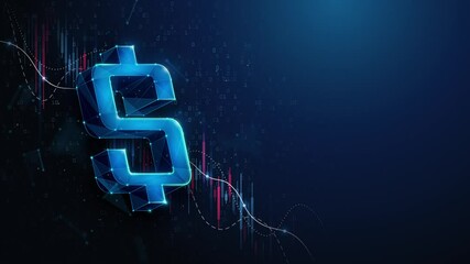 Lowpoly USD Dollar Symbol Over Stock Market Crash Chart Abstract Animation Loop. United States of America financial market fall down animated concept in wireframe mesh style with copy space - Powered by Adobe