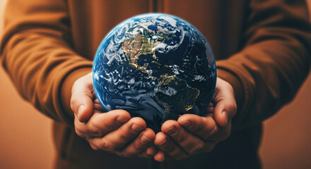Earth at night held in human hands. Planet care. Global responsibility. Earth Day. Energy saving. Environmental conservation. Climate action. Sustainability. Future. Hope. Protection.