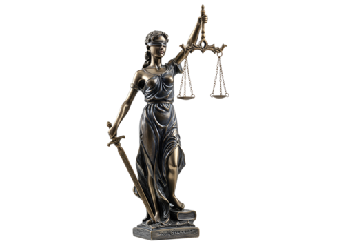 Golden lady justice statue isolated on transparent background