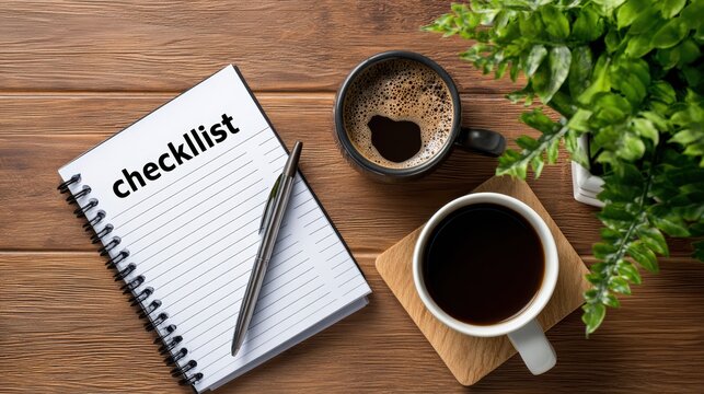 Checklist Notebook With Coffee On Wooden Table