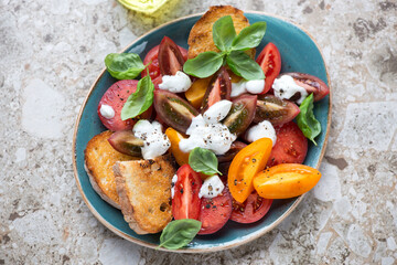 Tomato salad with yogurt dressing, fresh basil and ciabatta, horizontal shot on a beige granite background, top view