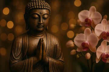 Fototapeta premium Buddha Statue With Orchid Flower And Warm Light In Peaceful Setting