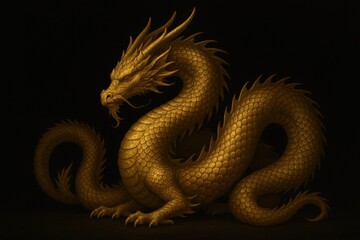 Fototapeta premium Golden Dragon Sculpture Against Dark Background