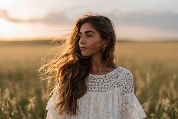 Bohemian Model in Crochet Top and Flowy Skirt at Golden Hour
