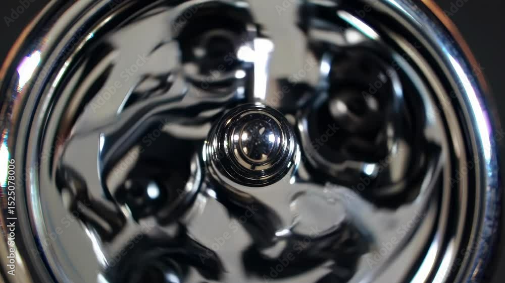 Poster close-up inspection of a shiny metal object revealing intricate patterns and reflections