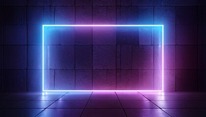 Neon Glowing Gradient Blue Purple Laser Sci Fi Retro Futuristic Rectangle Frame Shaped Light On Concrete Tiled Wall Cement Concrete Glossy Floor Dark Tunnel Room 3D Rendering.