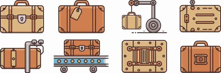Vector icon sheet of suitcases with travel features
