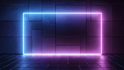 Neon Glowing Gradient Blue Purple Laser Sci Fi Retro Futuristic Rectangle Frame Shaped Light On Concrete Tiled Wall Cement Concrete Glossy Floor Dark Tunnel Room 3D Rendering.