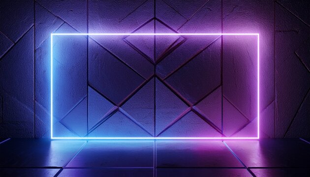 Neon Glowing Gradient Blue Purple Laser Sci Fi Retro Futuristic Rectangle Frame Shaped Light On Concrete Tiled Wall Cement Concrete Glossy Floor Dark Tunnel Room 3D Rendering. - Powered by Adobe