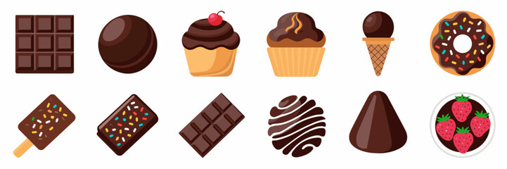 Chocolate-themed vector icons including bars, cupcake, donut, and chocolate-covered strawberries &ndash; Great for sweets marketing, food blogs, or party invitations