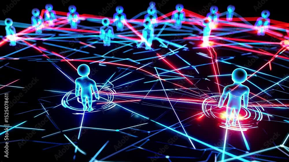 Leinwandbilder Digital connections visualized in vibrant colors with nodes and figures depicting movement across a network grid