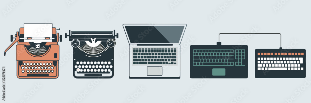 Poster vector illustration of five different keyboards in a row on white background