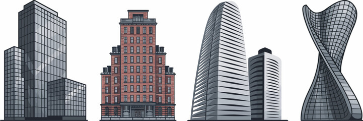Fototapeta premium Vector icon set of modern and traditional skyscrapers