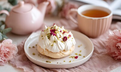 celebration pavlova cookie on table tea party, Generative AI