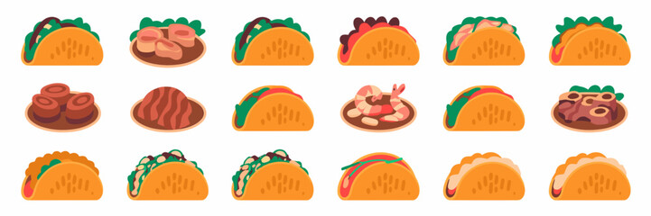 Vector taco icons with steak, chicken, shrimp, and beans – Great for food delivery, restaurant menus, or taco lovers content