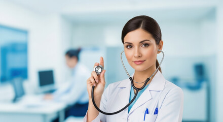 Confident female doctor in white coat holding stethoscope, smiling warmly at camera in modern hospital clinic. Professional healthcare provider offering medical expertise and care.