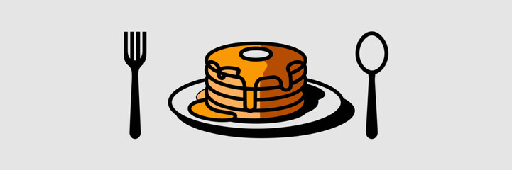 Stack of pancakes with syrup drip, plate, and fork on white background