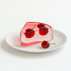 slice of transparent jelly cake served on a small, elegant white plate, placed on a clean white background, is translucent and glossy, filled with whole, juicy cherries suspended inside the clear