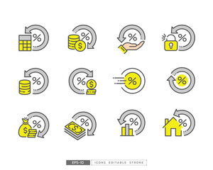 Set of thin line finance icons with circular arrows includes money, coin, percent, house, hand, bar chart and calculator. For app, website, and infographic. Editable stroke, flat vector illustration.