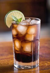 Fototapeta premium Close-up of a Cuba Libre cocktail on a blurred background
