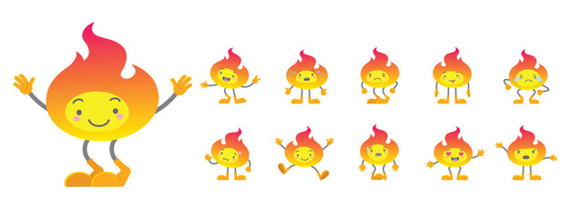 A cute fire cartoon mascot character in a variety of emotional expressions. Flat vector design perfect for UI elements, educational materials, emoji sets, web design, and character animation.