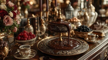 Fototapeta premium Elegant Chocolate Fondue Fountain with Berries, Vintage Table Setting, and Floral Arrangement