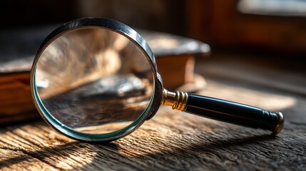 Front view of magnifying glass on table, bright natural light. 2