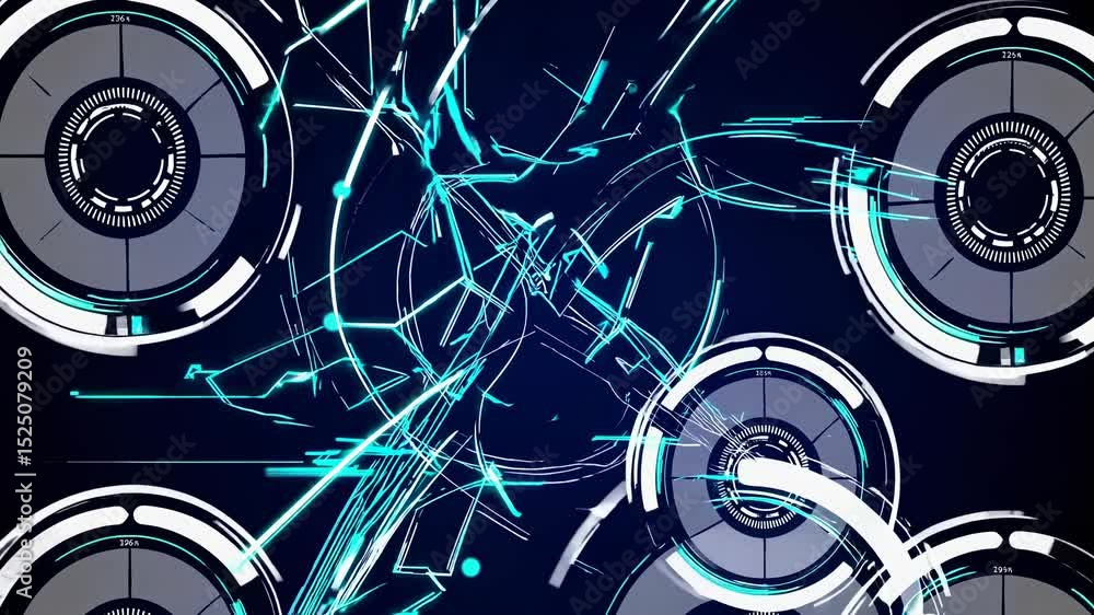 Aufkleber Dynamic visual display showcasing abstract shapes and vibrant colors in a futuristic tech environment