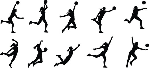 Silhouette Icons of Women Playing Basketball: Dynamic Poses and Movements for Sports Design