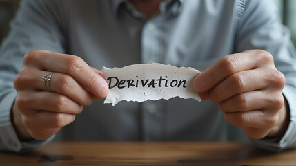 Hands of a man tearing a piece of paper with inscription derivation
