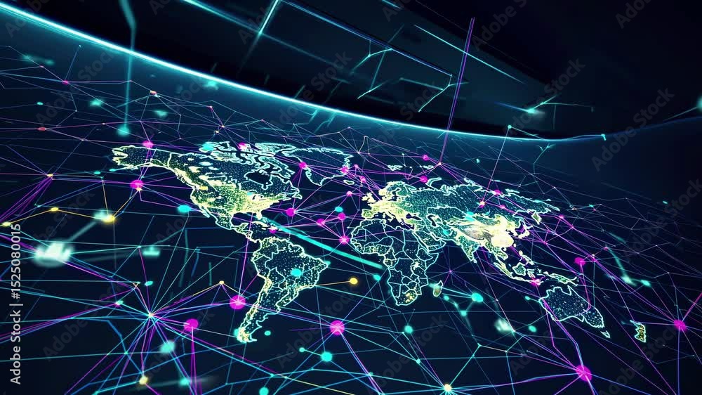Fototapete exploration of a digital world map showcasing global data connections and information flow