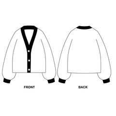Vector template of voluminous three button cardigan, front and back view. Sketch of basic cardigan with V shaped neckline on chest.