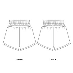 Set of vector drawings of sport shorts on elastic band front and back view. Template of basic short shorts. Shorts for home, vacation, sleep, beach, walking in summer.