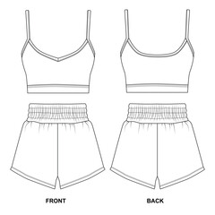 Sketch of home wear, sleep bodice and shorts, front and back view. Set of vector patterns of sports uniforms. Vector pattern of shorts and bra for fitness, running, gym.