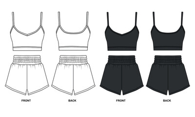 Set of vector drawings of sports uniforms, black and white colors. Sketch of clothing for home, sleep bodice and shorts, front and back view. Vector template of shorts and bra for fitness, run