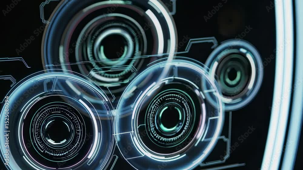 Poster Explore advanced technology through intricate circular designs and glowing interfaces in a modern digital display
