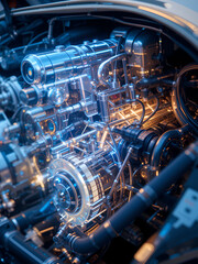 Close-up of a glowing electric engine prototype part of an eco-friendly supercar concept