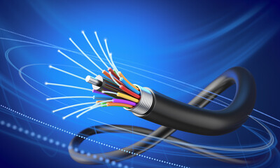 Connection of Optical fiber cable, technology background, 3d illustration.