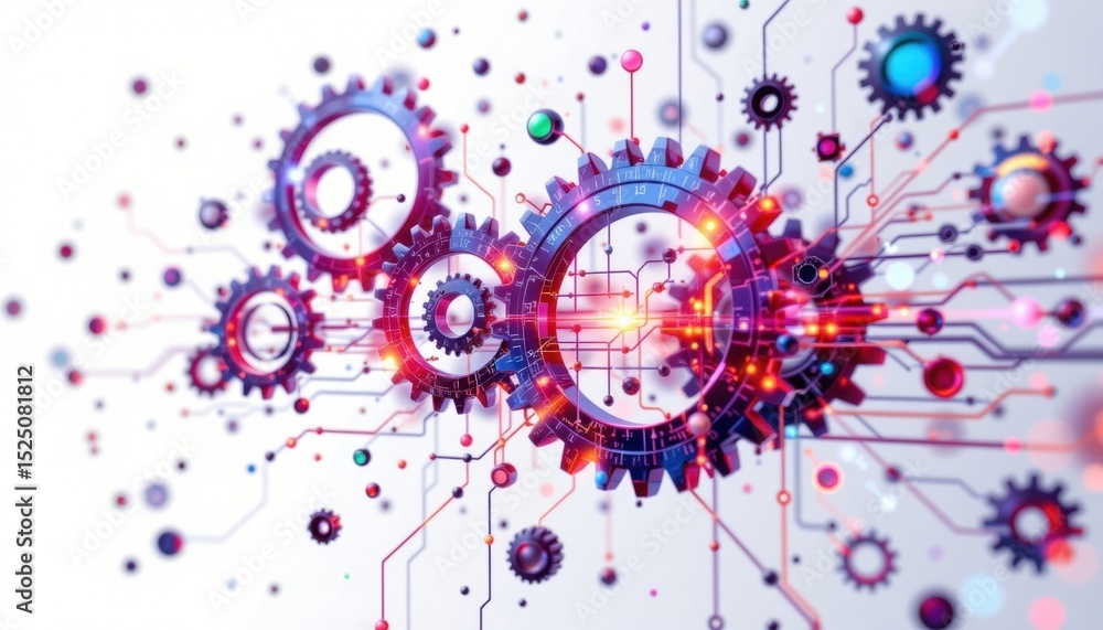 Poster interconnected gears and circuit board representing technological synergy. the image features glowin