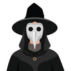 Mysterious figure in a dark cloak and iconic beaked mask, representing a medieval plague doctor. Flat vector illustration isolated on white background