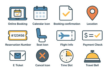 Travel booking icons: online, calendar, location, reservation, flight, payment, e-ticket