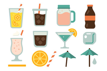 Colorful beverage icons with straws, citrus slices, and umbrellas on warm gradient background