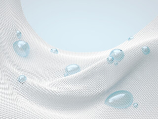Cloth surface with water bubble, white fabric fiber, 3d rendering.