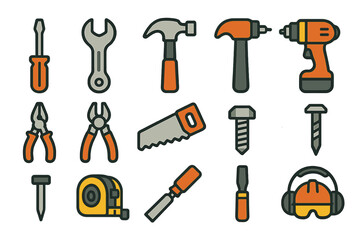 Colorful set of hand tools and construction equipment icons on yellow background
