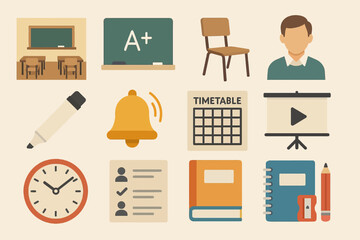 Classroom icons: chalkboard, desk, male profile, schedule, supplies